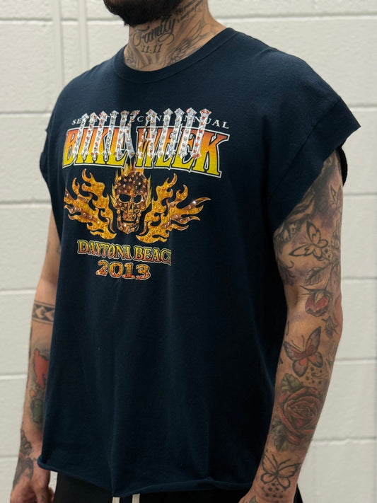 Mi Kami “Daytona Skull Flames” Rhinestone Sleeveless Tee (2013 Vintage)