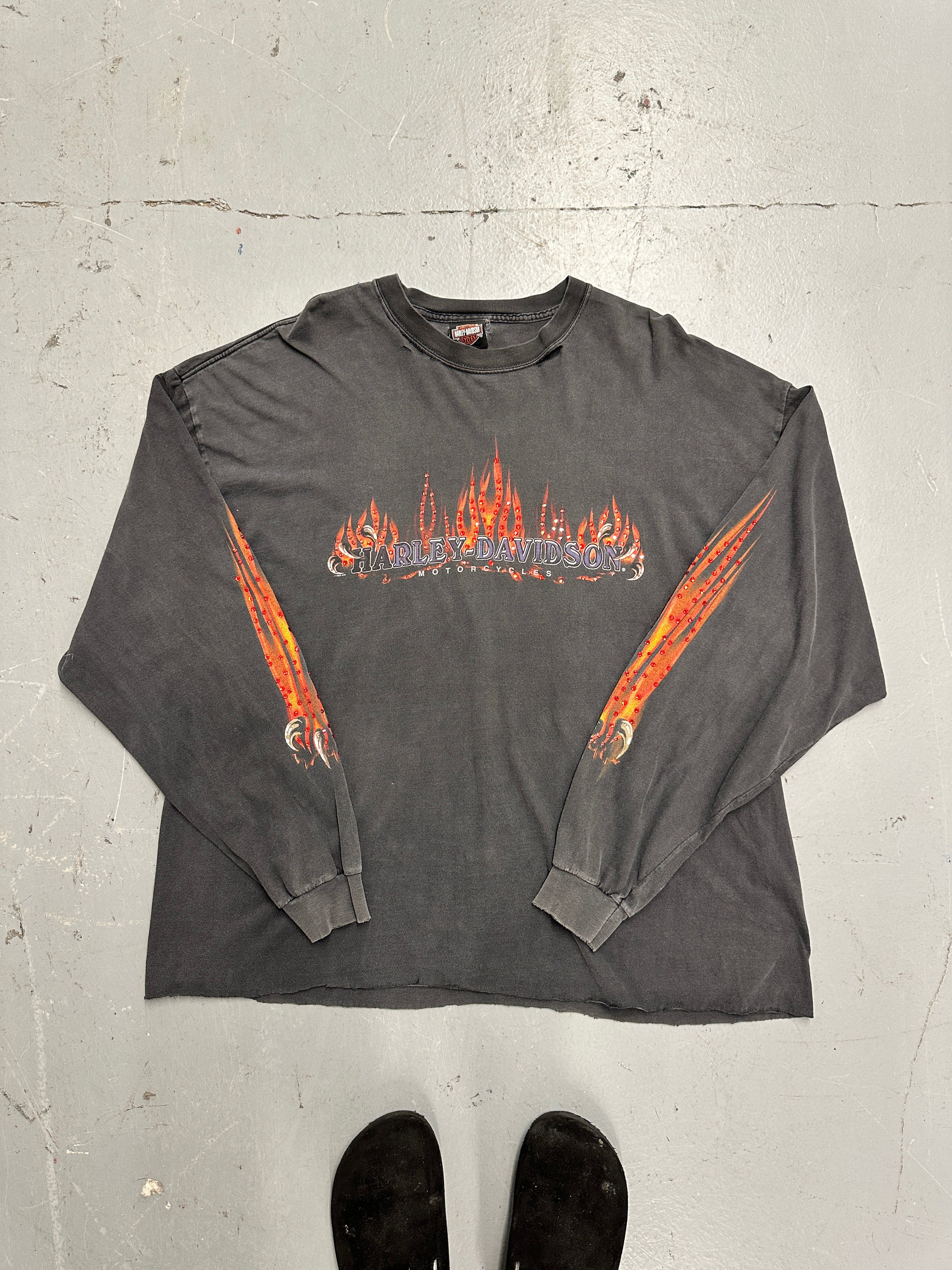 Custom Vintage Harley Flames Long Sleeve – Premium Crystal Detailing SZ-2XL