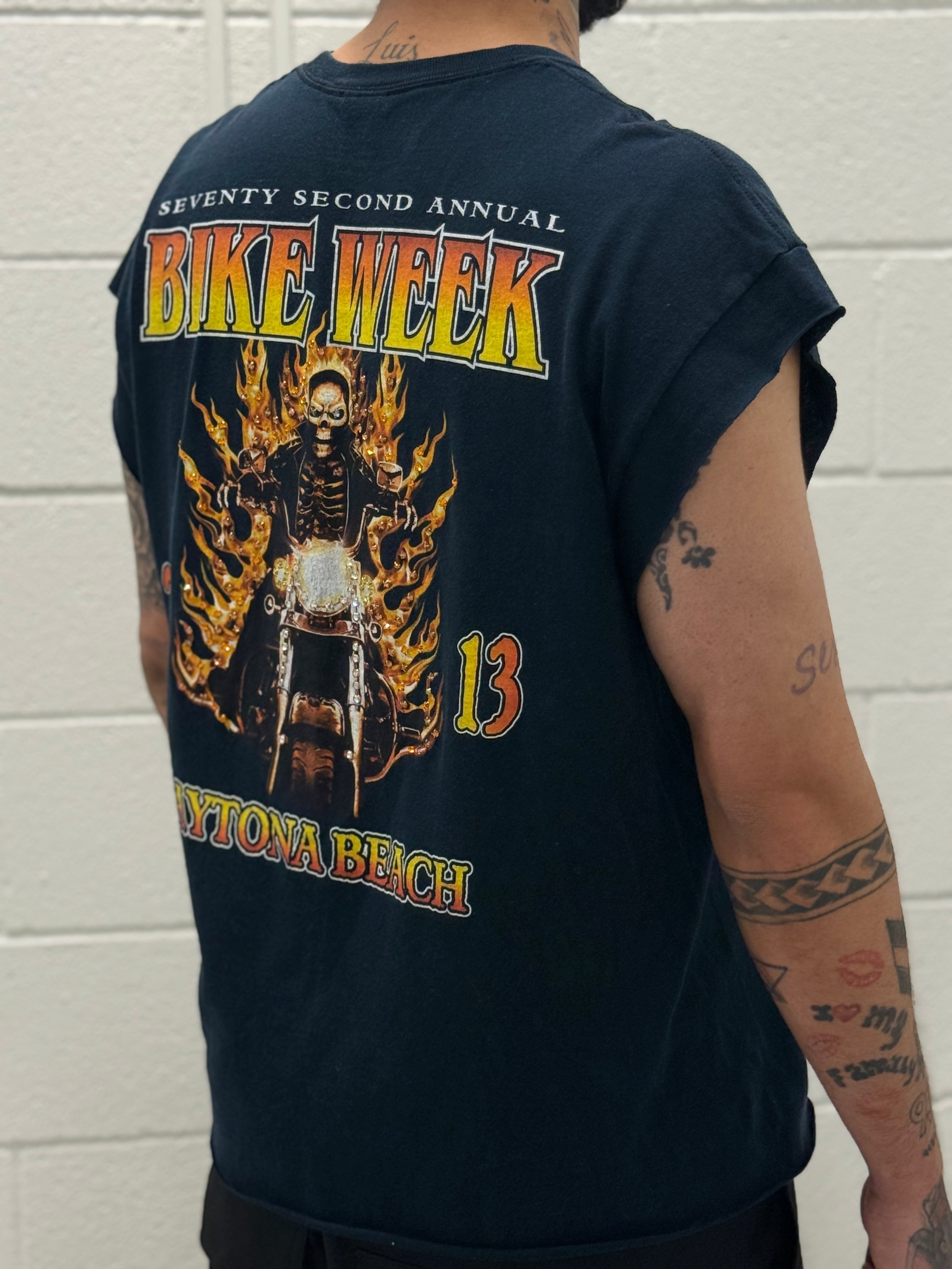 Mi Kami “Daytona Skull Flames” Rhinestone Sleeveless Tee (2013 Vintage)