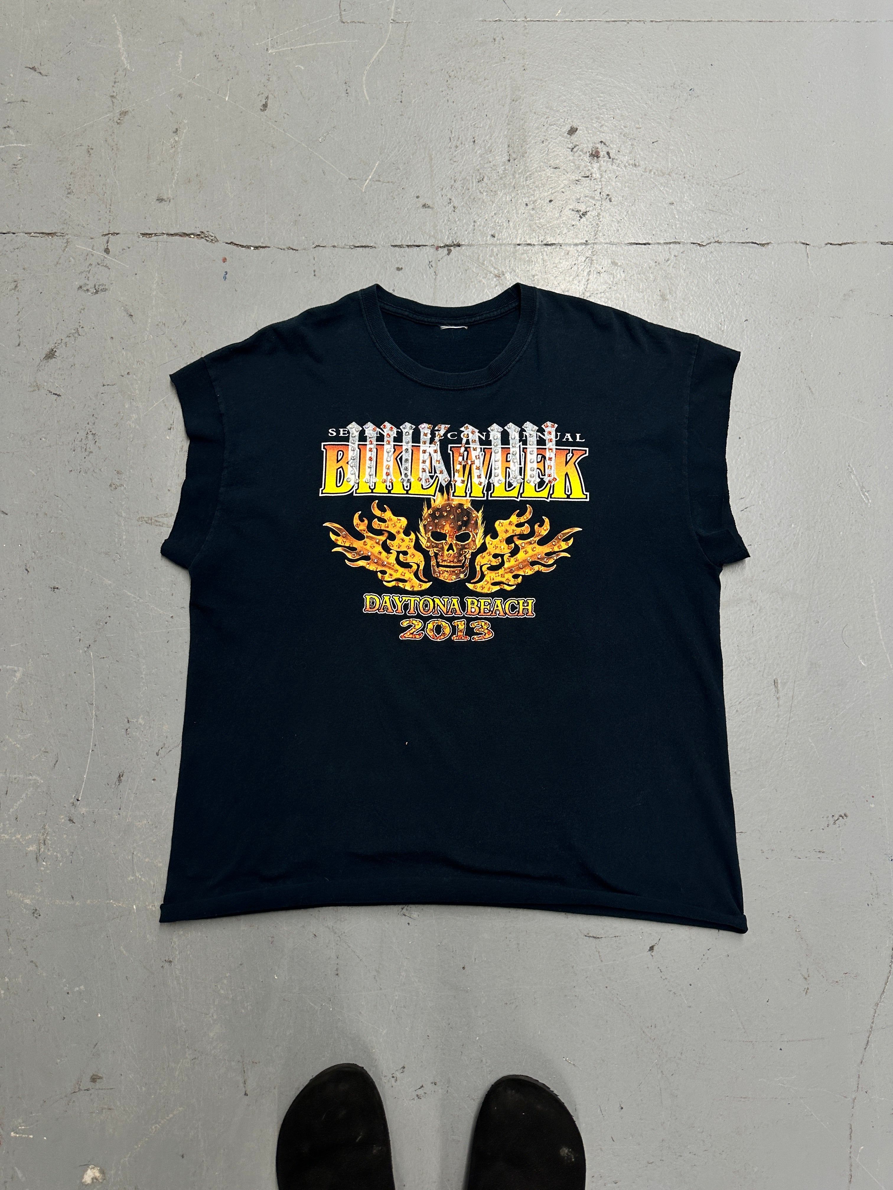 Mi Kami “Daytona Skull Flames” Rhinestone Sleeveless Tee (2013 Vintage)