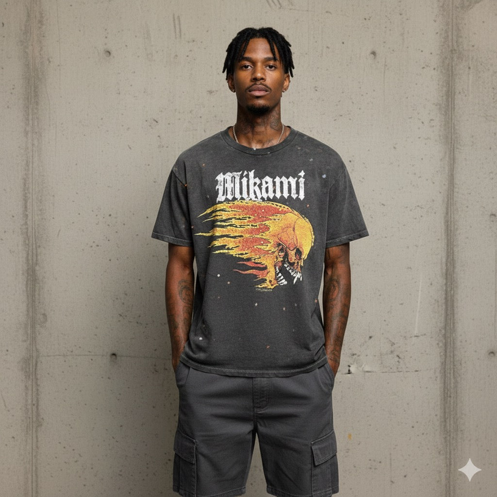 Mi Kami “Flaming Skull” Rhinestone Tee