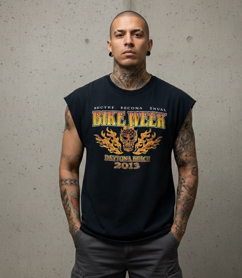 Mi Kami “Daytona Skull Flames” Rhinestone Sleeveless Tee (2013 Vintage)