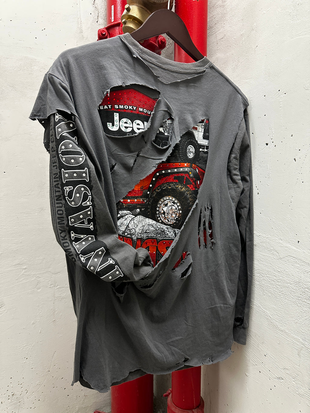 Vintage Jeep Long Sleeve Tee Distressed + Rhinestones SZ-M