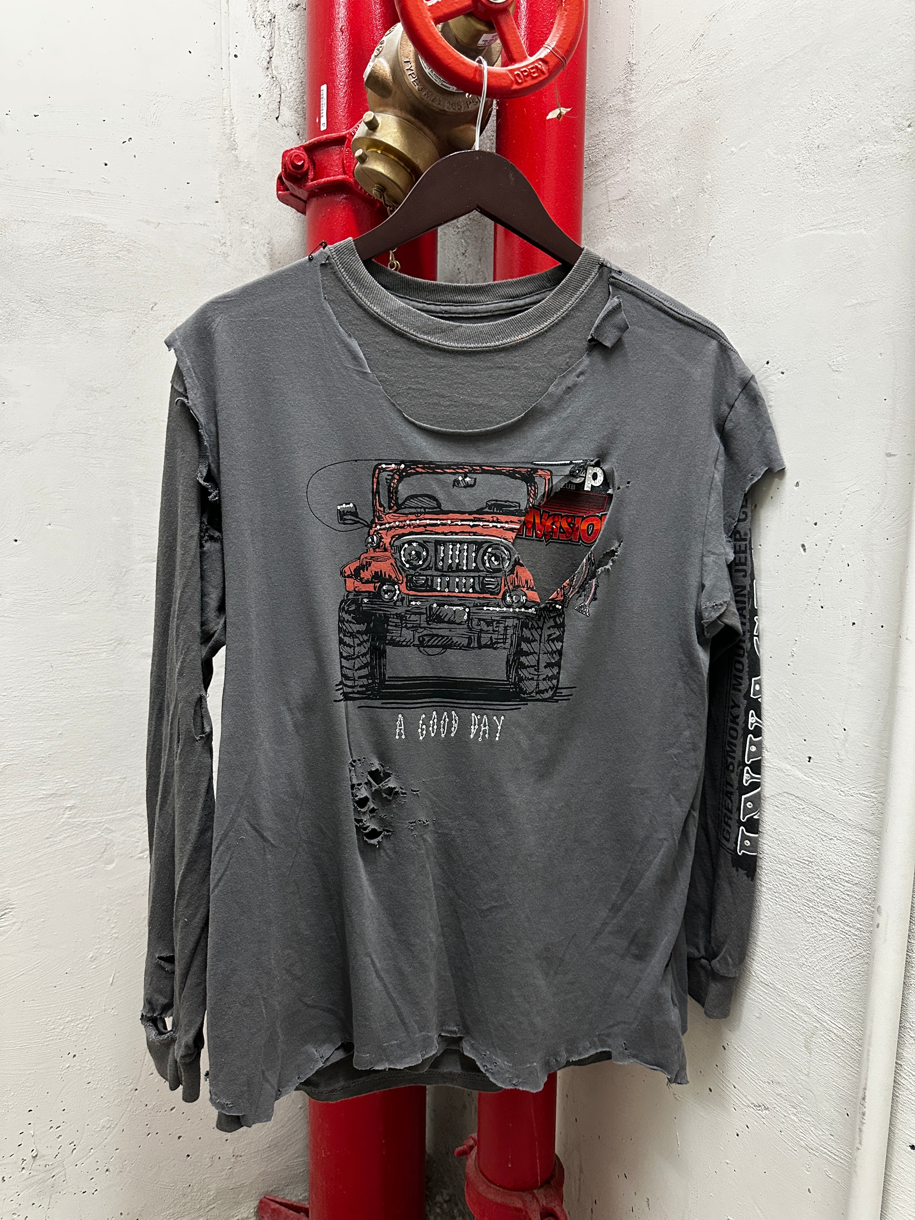 Vintage Jeep Long Sleeve Tee Distressed + Rhinestones SZ-M
