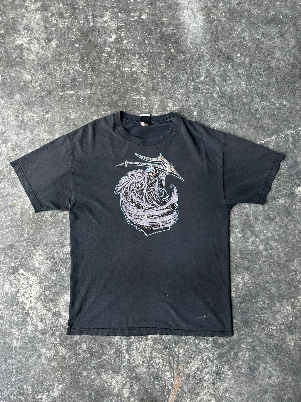 Custom Vintage Grim Reaper Tee – Premium Crystal Accents SZ-L