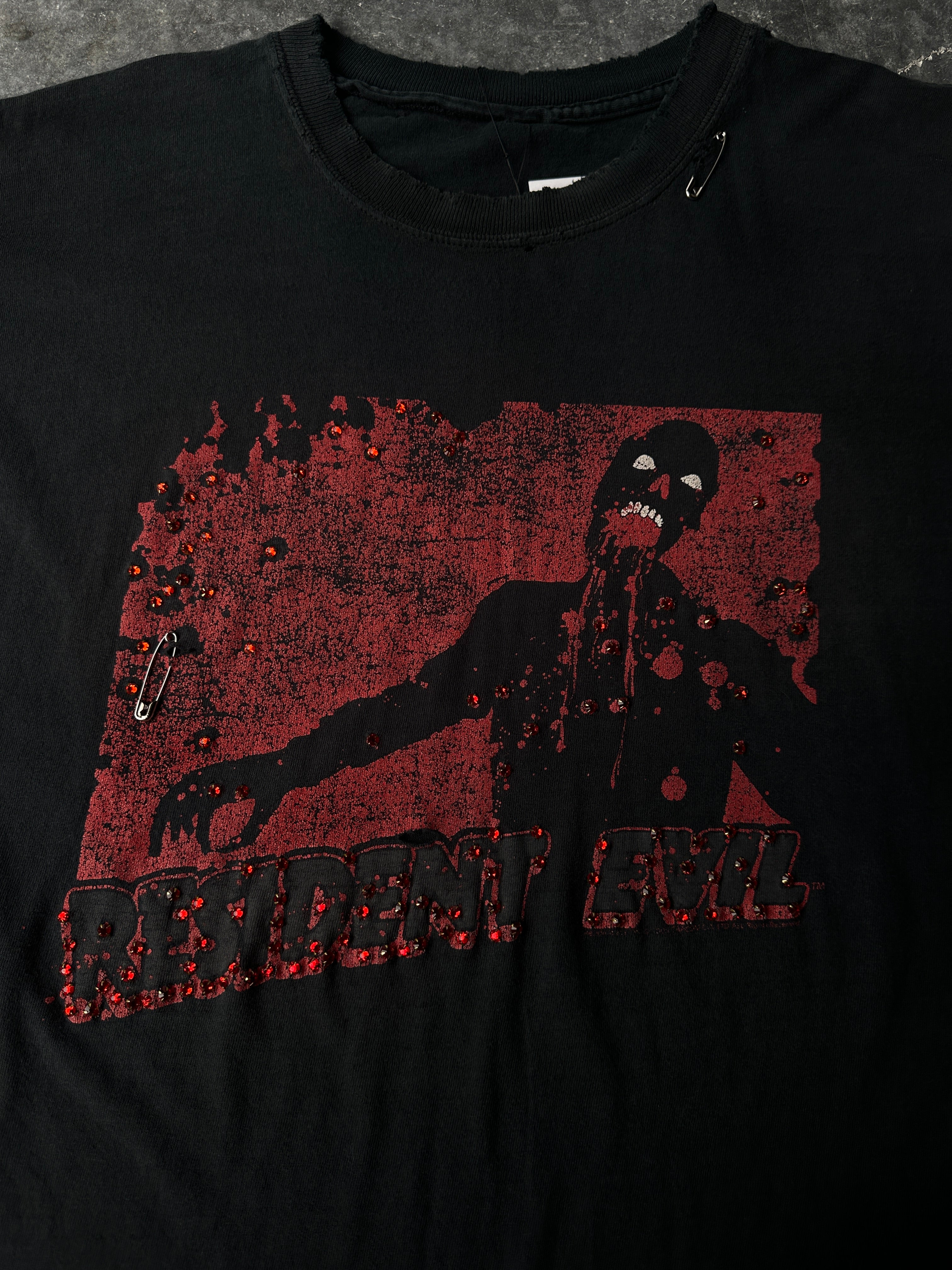 Custom Vintage Resident Evil Tee – Crystal & Safety Pin Accents SZ-XL