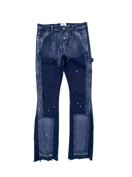 777 Distressed Patchwork Denim – Indigo (Size 34)