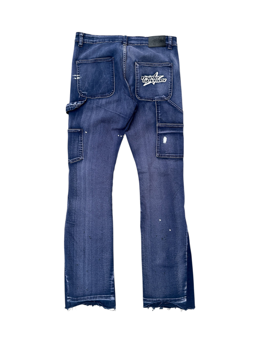 777 Distressed Patchwork Denim – Indigo (Size 34)