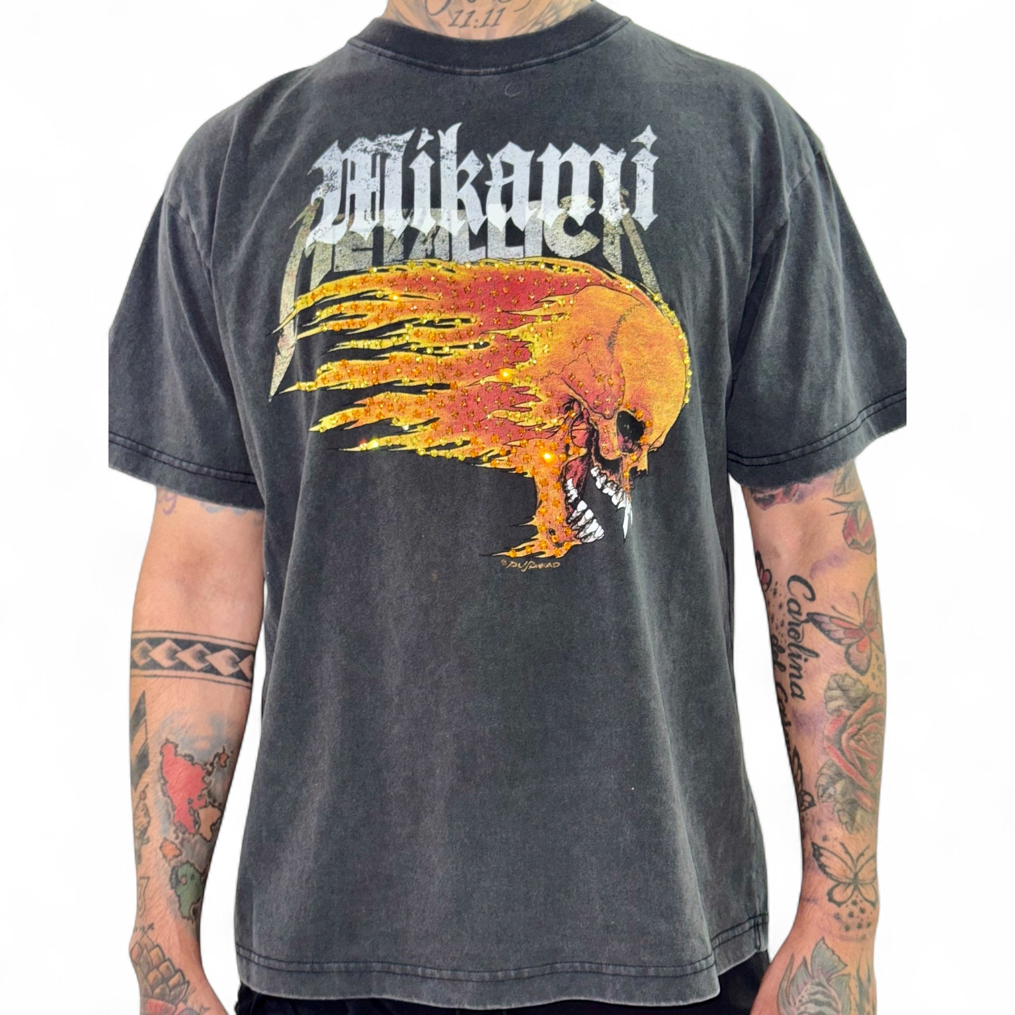 Mi Kami “Flaming Skull” Rhinestone Tee
