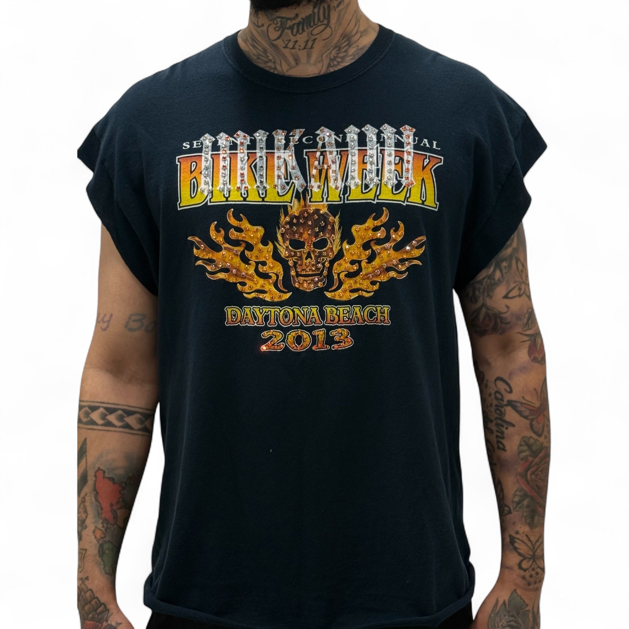 Mi Kami “Daytona Skull Flames” Rhinestone Sleeveless Tee (2013 Vintage)