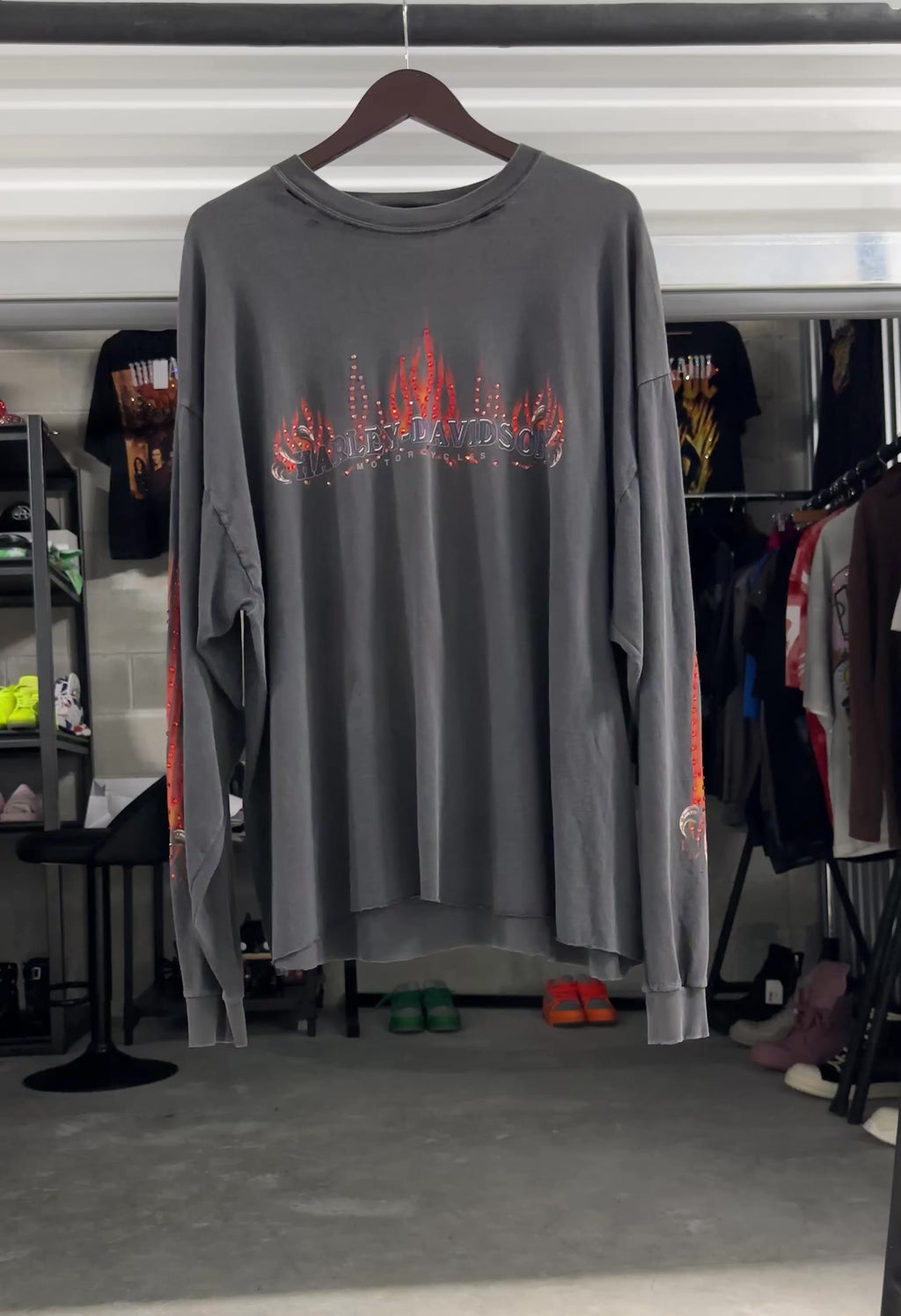 Custom Vintage Harley Flames Long Sleeve – Premium Crystal Detailing SZ-2XL