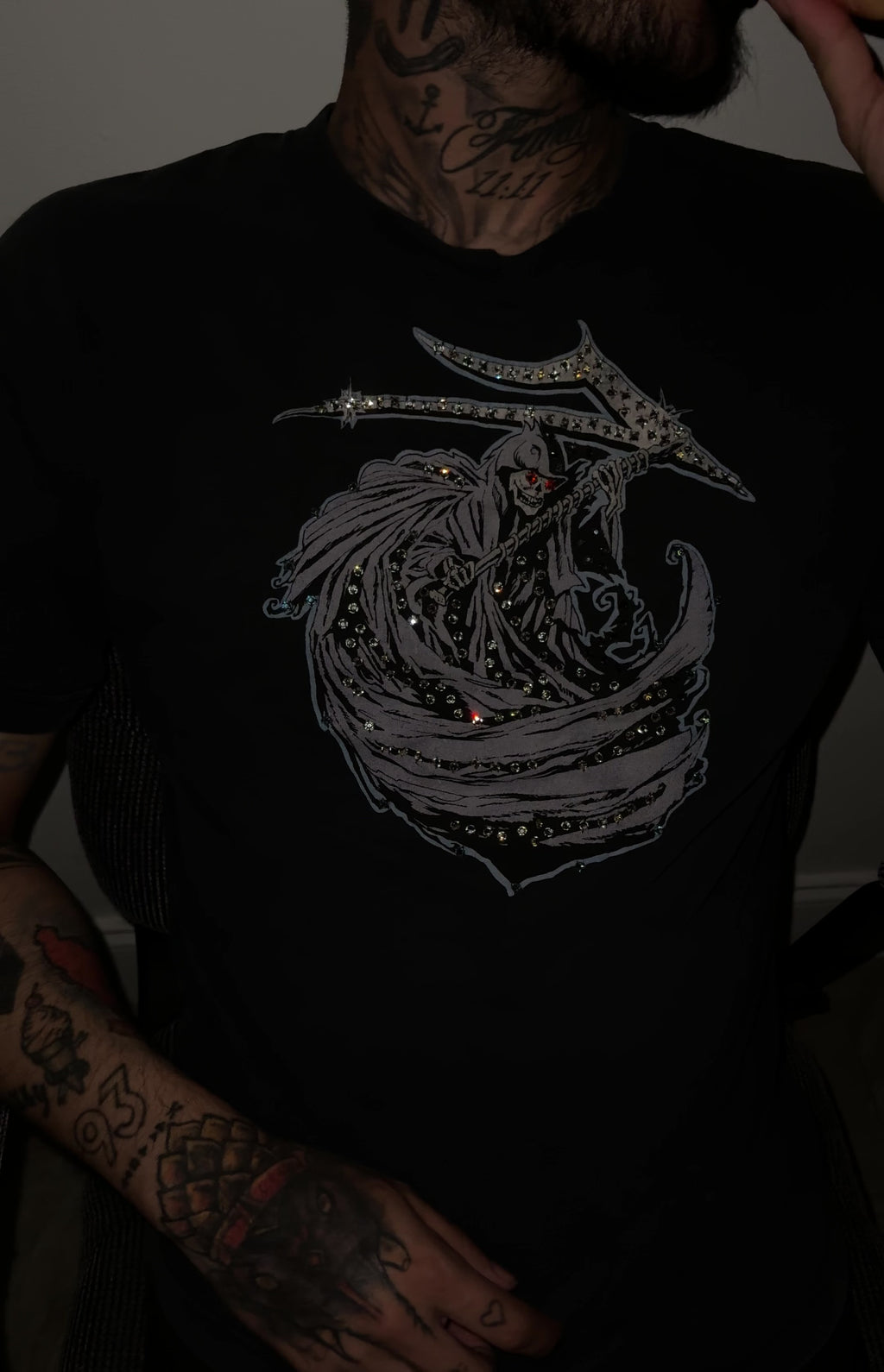Custom Vintage Grim Reaper Tee – Premium Crystal Accents SZ-L